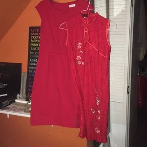 2 Red Dresses. Calvin Klein, & Chinese thrift shop